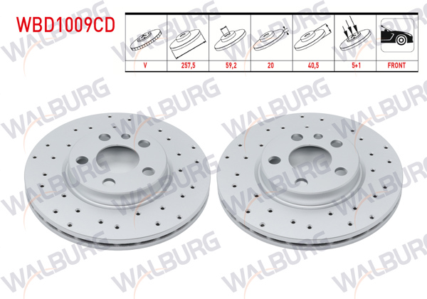 WALBURG WBD1009CD | Fren Diski Ön Havalı Kaplamalı Performans Delikli 5 Bjn 257,5X20x59,02X40,5 Fiat Scudo 1.9 D-1.9 TD-2.0 JTD 1996-2006 / Citroen Jumpy I 2.0 HDI 1994-2007 / Peugeot Expert 2.0 HDI 1996-2006 | 2 Adet
