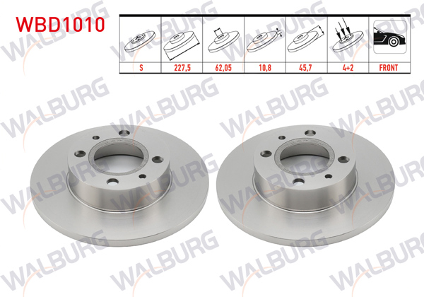 WALBURG WBD1010 | Fren Diski Ön Düz 4 Bjn 227,5X10,8X62,05X45,7 Fiat Dogan 1.6 1993-2002 / Sahın 1.4-1.6 1993-2002 / Kartal 1.6 1993-2002 / Uno 60 1.1 1893-1996 / Fiat 131 1.3 1979-1993 | 2 Adet