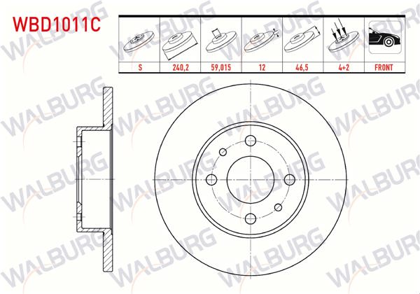 WALBURG WBD1011C | Fren Diski Ön Düz Kaplamalı 4 Bjn 240,2X12x59,02X46,5 Fiat Uno 70 1.4İ 1994-2000 / Sahın 1.4-1.6 1993-2002 | 2 Adet