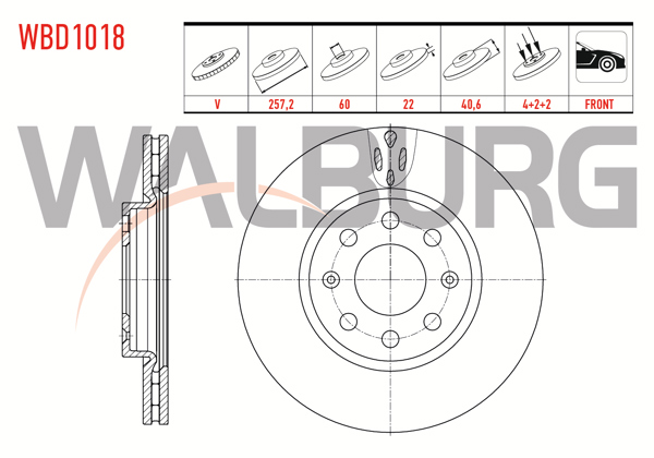 WALBURG WBD1018 | Fren Diski Ön Havalı 4 Bjn 257,2X22x60x40,6 Fiat G.Punto 1.3 Mjt 2005-2012 / G.Punto 1.4 2005-2012 / G.Punto 1.2 Mpı 2005-2012 / Opel Corsa D 1.0 2006-2014 / Opel Corsa D 1.2 2006-2014 | 2 Adet