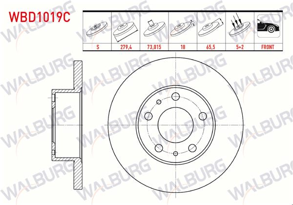 WALBURG WBD1019C | Fren Diski Ön Düz Kaplamalı 5 Bjn 279,4X18x73,02X65,5 Fiat Ducato 2.5 D-2.5 TDI-2.8 TDI 1994-2002 / Peugeot Boxer II 2.5 D 2002-2006 / Citroen Jumper I 2.5 D 1994-2002 | 2 Adet