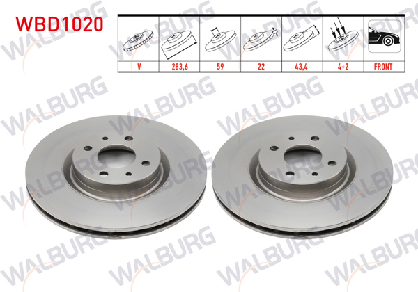 WALBURG WBD1020 | Fren Diski Ön Havalı 4 Bjn 283,6X22x59x43,4 Fiat Doblo 1.3 Mjt 2001-2010 / Doblo 1.4 2001-2010 / Doblo 1.9 JTD 2001-2010 / Doblo 1.9 Mjt 2001-2010 / Linea 1.4 T-Jet 2007-| 2 Adet