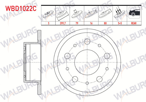 WALBURG WBD1022C | Fren Diski Arka Düz Kaplamalı 5 Bjn 16 Jant 299,7X16x79x80 Fiat Ducato 2.3 Mjt 2006-2014 / Ducato 3.0 Mjt 2006-2014 / Peugeot Boxer III 2.2 HDI 2006-2014 / Citroen Jumper III 2.8 HDI 2006-2014 | 2 Adet