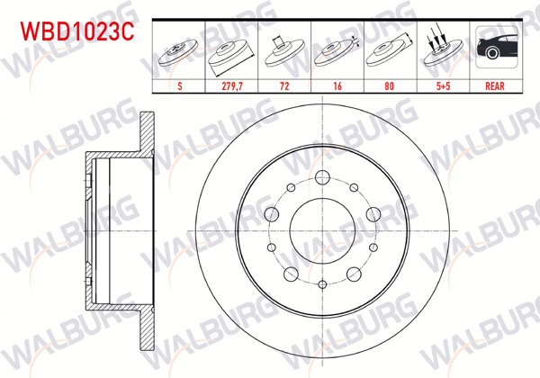 WALBURG WBD1023C | Fren Diski Arka Düz Kaplamalı 5 Bjn 15 Jant 279,7X16x72x80 Fiat Ducato 2.3 Mjt 2006-2014 / Ducato 3.0 Mjt 2006-2014 / Peugeot Boxer III 2.2 HDI 2006-2014 / Citroen Jumper III 2.2 HDI 2006-2014 | 2 Adet