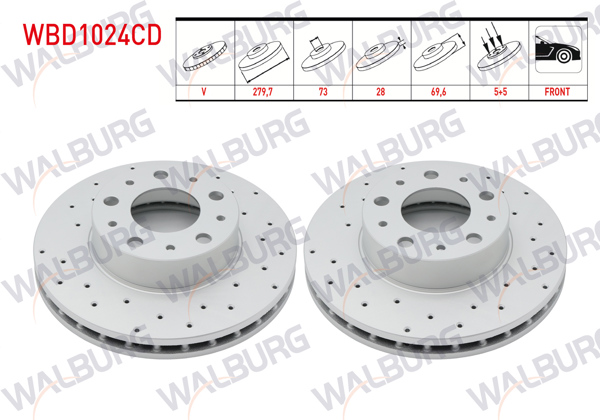 WALBURG WBD1024CD | Fren Diski Ön Havalı Kaplamalı Performans Delikli 5 Bjn 16 Jant 279,7X28x73x69,6 Fiat Ducato 2.3 Mjt 2006-2014 / Ducato 3.0 Mjt 2006-2014 / Peugeot Boxer III 2.2 HDI 2006-2014 / Citroen Jumper III 2.2 HDI | 2 Adet