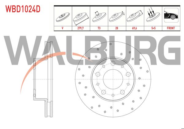 WALBURG WBD1024D | Fren Diski Ön Havalı Performans Delikli 5 Bjn 16 Jant 279,7X28x73x69,6 Fiat Ducato 2.3 Mjt 2006-2014 / Ducato 3.0 Mjt 2006-2014 / Peugeot Boxer III 2.2 HDI 2006-2014 / Citroen Jumper III 2.2 HDI 2006-2014 | 2 Adet