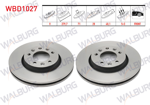 WALBURG WBD1027 | Fren Diski Ön Havalı 5 Bjn 279,7X28x71x48,1 Fiat Scudo 1.6 Mjt 90 Hp 2007-/ Peugeot Expert 1.6 HDI 90 Hp-2.0 HDI 2007-/ Citroen Jumpy II 1.6 HDI 2006-| 2 Adet