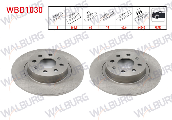WALBURG WBD1030 | Fren Diski Arka Düz 4 Bjn 263,9X10x60x40,6 Fiat G.Punto 1.3 Mjt-1.9 Mjt 2005-2012 / Punto Evo 1.3 Mjt-1.4 2009-2012 / Linea 1.4 T-Jet 2007-/ Opel Corsa E 1.2-1.4 2014-| 2 Adet