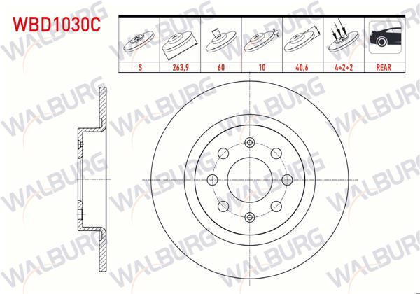 WALBURG WBD1030C | Fren Diski Arka Düz Kaplamalı 4 Bjn 263,9X10x60x40,6 Fiat G.Punto 1.3 Mjt-1.9 Mjt 2005-2012 / Punto Evo 1.3 Mjt-1.4 2009-2012 / Linea 1.4 T-Jet 2007-/ Opel Corsa E 1.2-1.4 2014-| 2 Adet