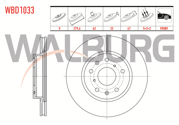 WALBURG WBD1033 | Fren Diski Ön Havalı 5 Bjn 279,6X22x62x47 Suzuki Sx4 1.6 2006-2013 / Sx4 1.5 Vvt-I 5 2006-2013 / Fiat Sedıcı 1.6 16V 2006-| 2 Adet