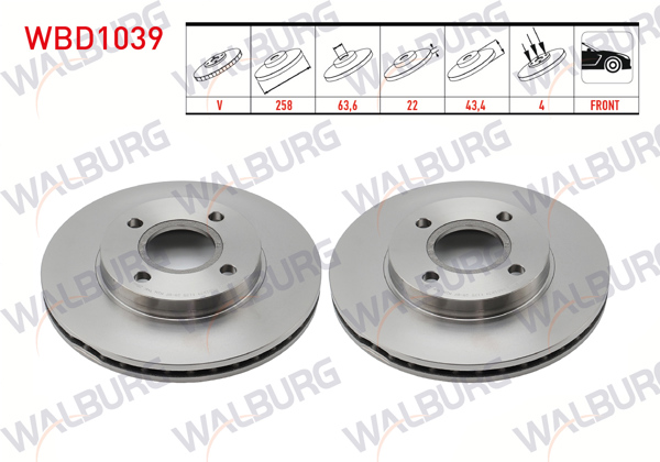 WALBURG WBD1039 | Fren Diski Ön Havalı 4 Bjn 258X22x63,6X43,4 Ford Focus 1.6İ 16V-1.8 TDCI-2.0 16V 1998-2004 / Fiesta V 1.4 TDCI-1.4İ 16V-1.6İ 16V-1.6 TDCI 2001-2008 / Fusion 1.4 TDCI 2002-2010 | 2 Adet