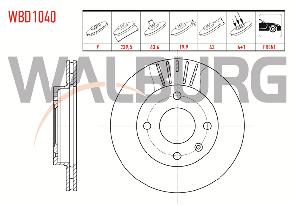 WALBURG WBD1040 | Fren Diski Ön Havalı Ford Fiesta IV 1.4İ 16V 4 Bjn 239,5X19,9X63,6X43 1996-2002 | 2 Adet