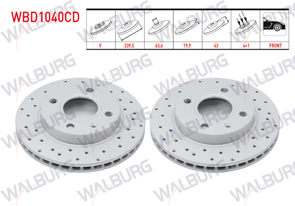WALBURG WBD1040CD | Fren Diski Ön Havalı Kaplamalı Performans Delikli Ford Fiesta IV 1.4İ 16V 4 Bjn 239,5X19,9X63,6X43 1996-2002 | 2 Adet