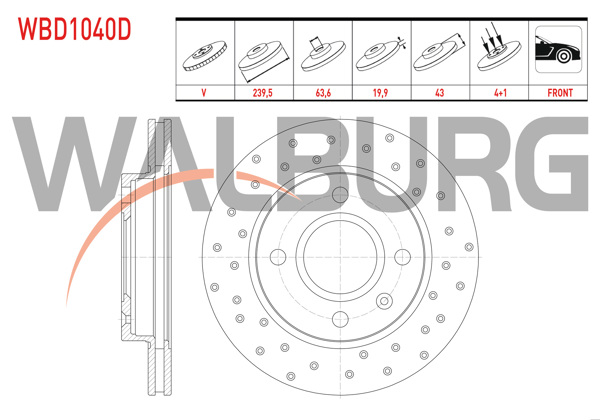 WALBURG WBD1040D | Fren Diski Ön Havalı Performans Delikli Ford Fiesta IV 1.4İ 16V 4 Bjn 239,5X19,9X63,6X43 1996-2002 | 2 Adet