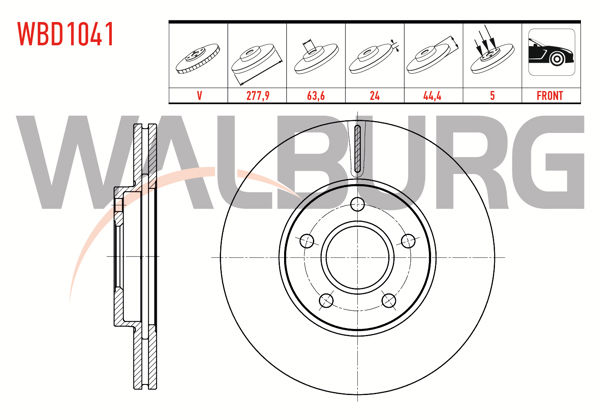 WALBURG WBD1041 | Fren Diski Ön Havalı 5 Bjn 277,9X24x63,6X44,4 Ford Transit Connect 1.8 TDCI 2002-2013 / Tourneo Connect 1.8 TDCI 2002-2013 | 2 Adet