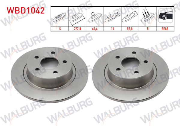 WALBURG WBD1042 | Fren Diski Arka Düz 5 Bjn 277,8X11x63,7X53,8 Ford Transit Connect 1.8 TDCI 2002-2013 / Ford Tourneo Connect 1.8 TDCI 5 2002-2013 | 2 Adet