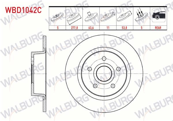 WALBURG WBD1042C | Fren Diski Arka Düz Kaplamalı 5 Bjn 277,8X11x63,7X53,8 Ford Transit Connect 1.8 TDCI 2002-2013 / Ford Tourneo Connect 1.8 TDCI 5 2002-2013 | 2 Adet