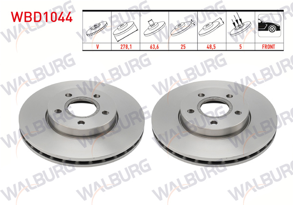 WALBURG WBD1044 | Fren Diski Ön Havalı 5 Bjn 278,1X25x63,6X48,5 Ford Focus II 1.6 Tcı 2004-2011 / Focus III 1.6 TDCI 2011-2015 / Kuga I 2.0 TDCI 2008-2013 / Focus C-Max 1.6 TDCI 5 2003-2007 / C-Max II 1.6 TDCI 2010-| 2 Adet