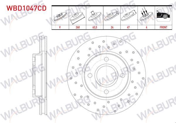 WALBURG WBD1047CD | Fren Diski Ön Havalı Kaplamalı Performans Delikli 4 Bjn 260X24x63,5X47 Ford Mondeo II 1.6İ 16V 1996-2000 / Mondeo II 1.8İ 16V 1996-2000 / Mondeo II 2.0İ 16V 1996-2000 | 2 Adet
