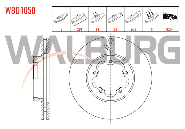 WALBURG WBD1050 | Fren Diski Ön Havalı 5 Bjn 280X28x93x54,4 Ford Transit (V347) 2.2 TDCI Onden Cekıs 2006-2014 / Transit (V347) 2.4 TDCI Onden Cekıs 2006-2014 | 2 Adet