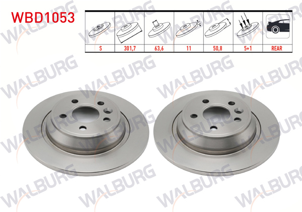 WALBURG WBD1053 | Fren Diski Arka Düz 5 Bjn 301,7X11x63,6X50,8 Ford Mondeo IV 1.6 Tı-Vct-2.0 TDCI-2.0İ-2007-2014 / S-Max 2.0 TDCI-1.6İ 2006-/ Kuga I 1.6-2.0 TDCI 2008-2013 | 2 Adet