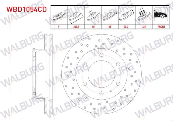 WALBURG WBD1054CD | Fren Diski Ön Havalı Kaplamalı Performans Delikli 6 Bjn 288,7X28x98x70,3 Ford Ranger 2.5 TDCI-2.2 TDCI-3.0 TDCI 4X4 2002-2006 / Mazda B Serisi (Un) 2.5 D 4X4 1998-2006 | 2 Adet