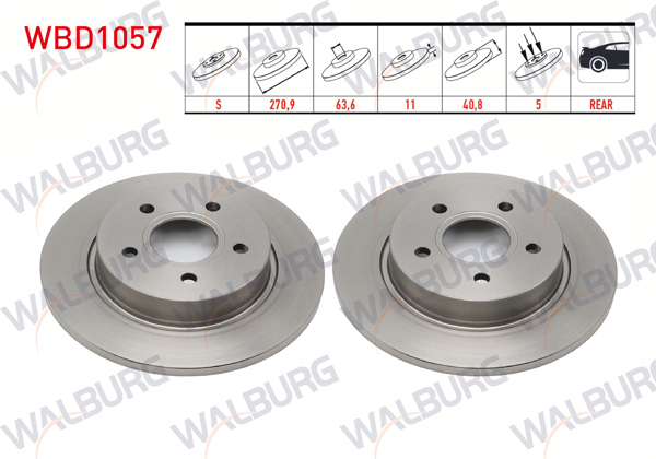 WALBURG WBD1057 | Fren Diski Arka Düz 5 Bjn 270,9X11x63,6X40,8 Ford Focus III 1.6 TDCI 2011-2015 / Focus III 1.6İ 2011-2015 / Focus III 1.0 Gtdı 2011-2015 / Focus III 1.6 Tı-Vct 2011-2015 | 2 Adet