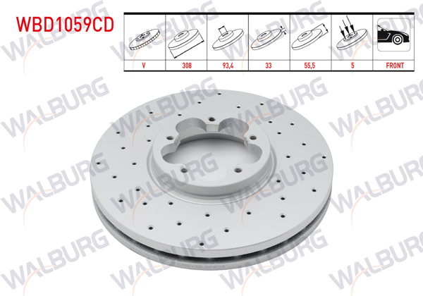 WALBURG WBD1059CD | Fren Diski Ön Havalı Kaplamalı Performans Delikli 5 Bjn 308X33x93,4X55,5 Ford Transit Custom (V362) 2.2 TDCI 2012-/ Transit (V363) 2.2 TDCI Tek Teker 2014-| 2 Adet
