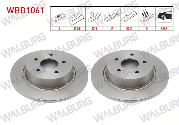 WALBURG WBD1061 | Fren Diski Arka Düz 5 Bjn 280X11x63,5X50.8 Ford Kuga II 1.6 16V-2.0 TDCI 2013-/ C-Max II 1.6İ-1.6 TDCI 2010-| 2 Adet