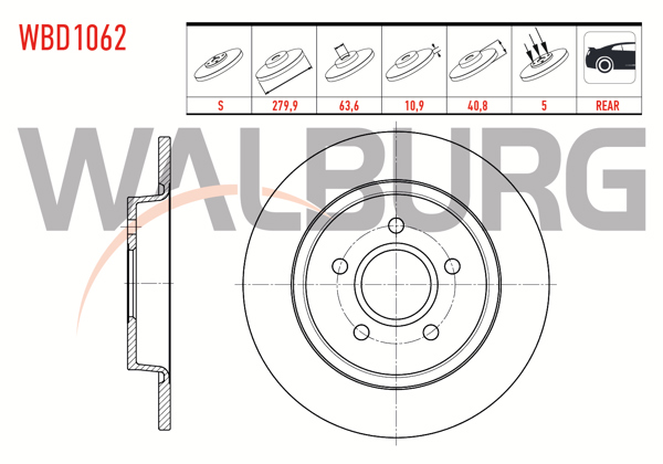 WALBURG WBD1062 | Fren Diski Arka Düz 5 Bjn 279,9X10,9X63,6X40,8 Ford C-Max I 1.6 TDCI-1.6İ-1.4İ-2.0İ 2007-2011 / Focus II (Da) 1.4İ-1.6İ-1.8İ-1.6 TDCI 2004-2011 / Volvo S40 II 1.6İ-2.0İ 2004-| 2 Adet
