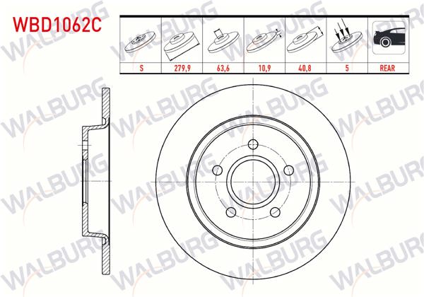 WALBURG WBD1062C | Fren Diski Arka Düz Kaplamalı 5 Bjn 279,9X10,9X63,6X40,8 Ford C-Max I 1.6 TDCI-1.6İ-1.4İ-2.0İ 2007-2011 / Focus II (Da) 1.4İ-1.6İ-1.8İ-1.6 TDCI 2004-2011 / Volvo S40 II 1.6İ-2.0İ 2004-| 2 Adet