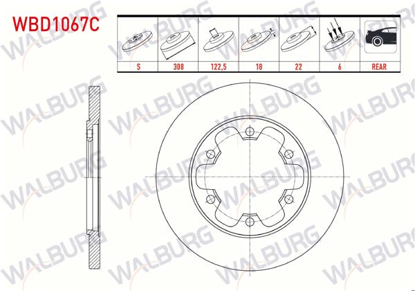 WALBURG WBD1067C | Fren Diski Arka Düz Kaplamalı 6 Bjn 308X18x122,5X22 Ford Transit (V363) 2.2 TDCI Çift Teker 2014-| 2 Adet
