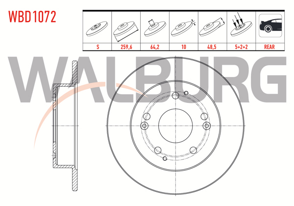 WALBURG WBD1072 | Fren Diski Arka Düz 5 Bjn 259,6X10x64,2X48,5 Honda Civic VII 2.0 I-Vtec 2000-2006 / Civic VII 2.0 Type-R 2000-2006 | 2 Adet