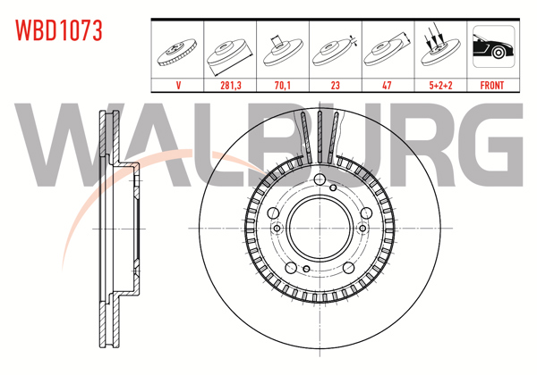 WALBURG WBD1073 | Fren Diski Ön Havalı 5 Bjn 281,3X23x70,1X47 Honda Cr-V I 2.0İ 16V 1995-2002 / Hr-V (Gh) 1.6 1999-| 2 Adet