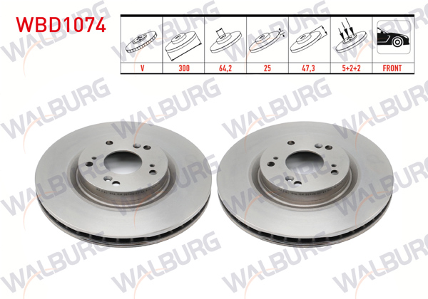 WALBURG WBD1074 | Fren Diski Ön Havalı 5 Bjn 300X25x64,2X47,3 Honda Cr-V II 2.0İ 2002-2006 / Civic VII 2.0 Type-R 2000-2006 / Accord VIII (Cu) 2.0 I-Vtec 2003-2008 / Civic VI 2.0İ 1995-2001 | 2 Adet