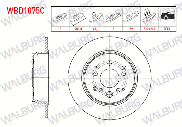 WALBURG WBD1075C | Fren Diski Arka Düz Kaplamalı 5 Bjn 281,8X9x64,1X59 Honda Cr-V II 2.0İ 2002-2006 | 2 Adet
