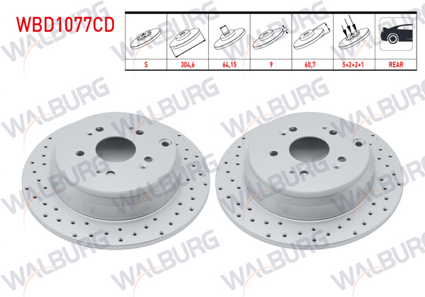 WALBURG WBD1077CD | Fren Diski Arka Düz Kaplamalı Performans Delikli 5 Bjn 304,6X9x64,15X60,7 Honda Cr-V IV 1.6İ Dtec-2.0-2.2İ 2012-2014 / Cr-V III 2.2İ Ctdı-2.0 I-Vtec 2006-2012 / Cr-V II 2.0İ 2002-2006 | 2 Adet