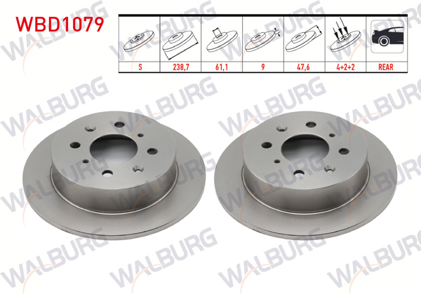 WALBURG WBD1079 | Fren Diski Arka Düz 4 Bjn 238,7X9x61,1X47,6 Honda Jazz II (Gd) 1.4İ 2002-2004 | 2 Adet