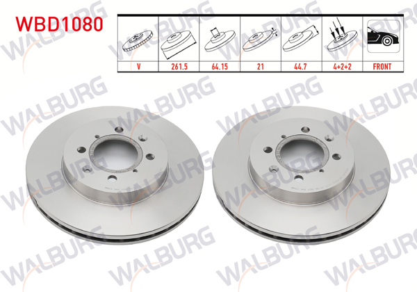 WALBURG WBD1080 | Fren Diski Ön Havalı 4 Bjn 261,5X21x64,15X44,7 Honda Civic VII 1.6İ 2000-2006 / Civic VII 1.4İ 2000-2006 / Jazz IV (Gk) 1.3 2016-| 2 Adet