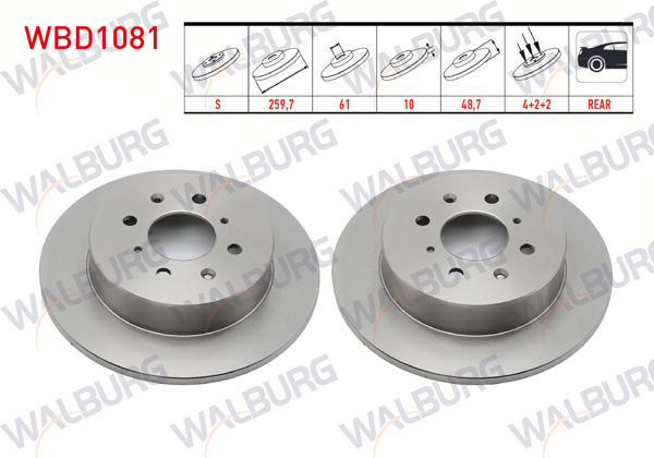 WALBURG WBD1081 | Fren Diski Arka Düz 4 Bjn 259,7X10x61x48,7 Honda Civic VII 1.6İ 2000-2006 / Civic VII 1.4İ 2000-2006 | 2 Adet
