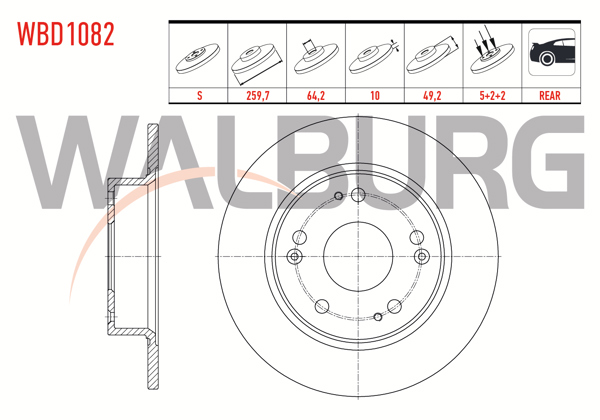 WALBURG WBD1082 | Fren Diski Arka Düz 5 Bjn 259,7X10x64,2X48,6 Honda Accord VIII (Cu) 2.0 I-Vtec 2008-/ Accord VIII (Cu) 2.2 I- CDTI 2008 / Accord VIII (Cu) 2.4 I-Vtec 2008-| 2 Adet