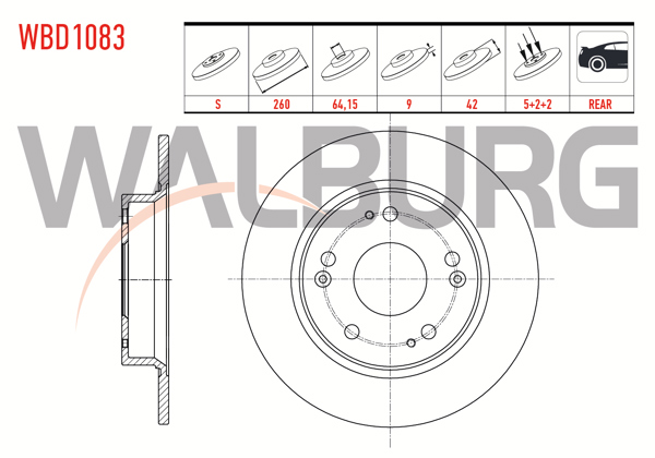 WALBURG WBD1083 | Fren Diski Arka Düz 5 Bjn 260X9x64,15X42 Honda Civic Ix 1.6İ-1.4İ-1.8 2012-2016 / Civic VIII 1.6-1.4 2005-2012 / Civic VII 1.8 I-Vtec-2.0 I-Vtec 2000-2006 | 2 Adet