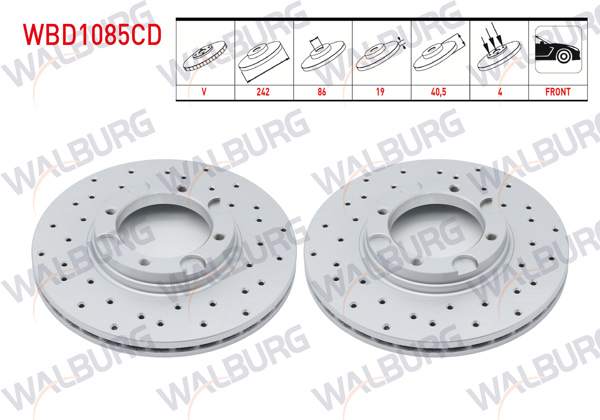 WALBURG WBD1085CD | Fren Diski Ön Havalı Kaplamalı Performans Delikli 4 Bjn 242X19x86x40,5 Hyundai Excel 1.3İ-1.5İ 1990-1995 / Accent I (X-3) 1.3İ-1.5İ 1994-2000 / Accent II (Lc) 1.3-1.5İ-1.6İ 2000-2005 | 2 Adet