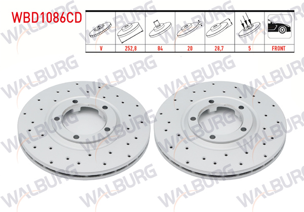 WALBURG WBD1086CD | Fren Diski Ön Havalı Kaplamalı Performans Delikli 5 Bjn 252,8X20x84x28,7 Hyundai H100 2.5 D 1993-2004 | 2 Adet