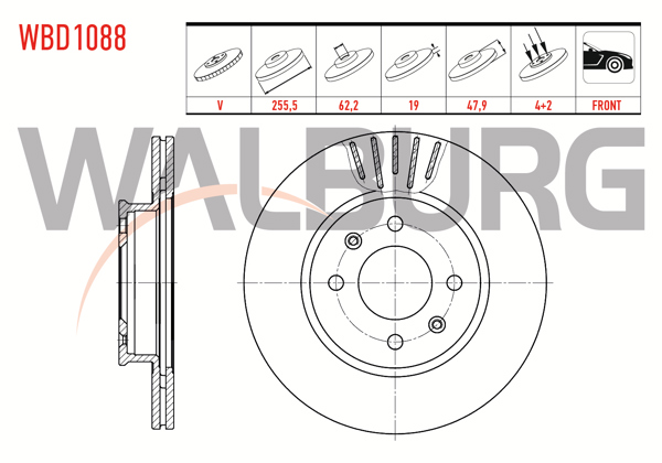 WALBURG WBD1088 | Fren Diski Ön Havalı 4 Bjn 256X19x62,2X47,9 Hyundai Getz (Tb) 1.5 CRDI-1.1İ-1.3İ-1.4İ-1.6İ 2002-2008 | 2 Adet
