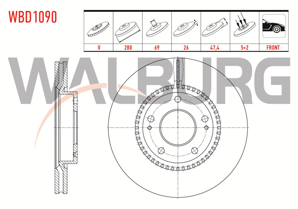 WALBURG WBD1090 | Fren Diski Ön Havalı 5 Bjn 280X26x69x47,4 Hyundai i30 (Fd) 1.4İ-1.6İ 2007-2011 / Ix20 (Jc) 1.4İ-1.4 CRDI-1.6İ 2010-/ Kia Ceed 1.6 CRDI-1.4İ-1.6İ 2006-2012 / Sportage (Je) 2.0 CRDI 2004-2010 | 2 Adet
