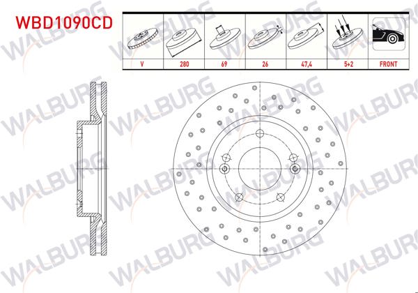 WALBURG WBD1090CD | Fren Diski Ön Havalı Kaplamalı Performans Delikli 5 Bjn 280X26x69x47,4 Hyundai i30 (Fd) 1.4İ-1.6İ 2007-2011 / Ix20 (Jc) 1.4İ-1.4 CRDI-1.6İ 2010-/ Kia Ceed 1.6 CRDI-1.4İ-1.6İ 2006-2012 / Sportage | 2 Adet