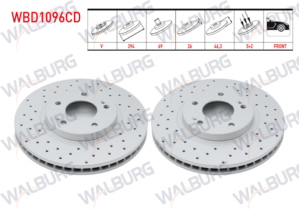 WALBURG WBD1096CD | Fren Diski Ön Havalı Kaplamalı Performans Delikli 5 Bjn 294X26x69x46,3 Hyundai Santa Fe (Sm) 2.0 CRDI 2001-2006 / Santa Fe (Sm) 2.0İ 2001-2006 / Santa Fe (Sm) 2.4İ 16V 2001-2006 / Santa Fe 2.7İ V6 01-06 | 2 Adet