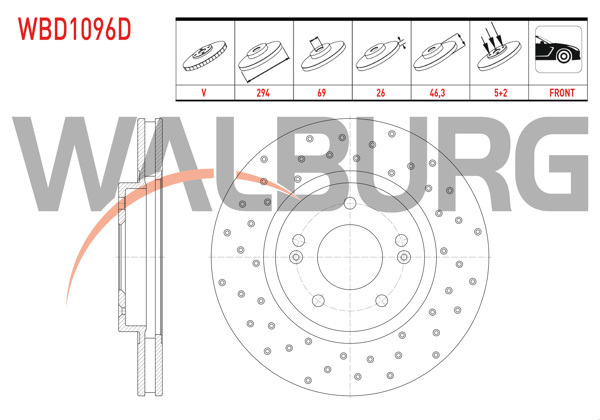 WALBURG WBD1096D | Fren Diski Ön Havalı Performans Delikli 5 Bjn 294X26x69x46,3 Hyundai Santa Fe (Sm) 2.0 CRDI 2001-2006 / Santa Fe (Sm) 2.0İ 2001-2006 / Santa Fe (Sm) 2.4İ 16V 2001-2006 / Santa Fe (Sm) 2.7İ V6 2001-2006 | 2 Adet