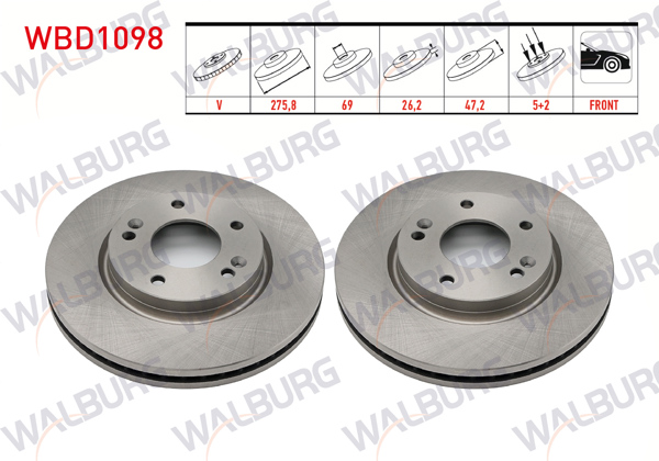 WALBURG WBD1098 | Fren Diski Ön Havalı 5 Bjn 275X26,2X69x47,2 Hyundai Santa Fe 2.0 CRDI-2.0İ-2.4İ 16V-2.7İ V6 2001-2006 / Trajet 2.0 CRDI-2001-2006 | 2 Adet